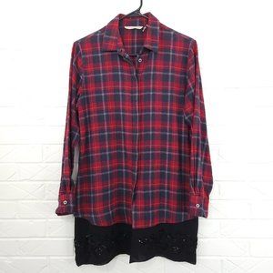 Soft Surroundings Red Plaid Layered Flannel Beaded Chiffon Tunic Lagenlook S